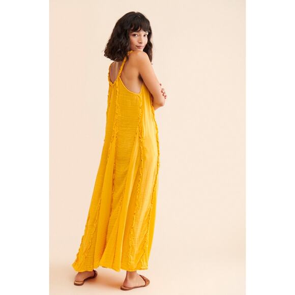 Free People McKinley Gauze Ruffle Flowy Maxi Dress Banana Yellow Women's  L NWT - Picture 3 of 11
